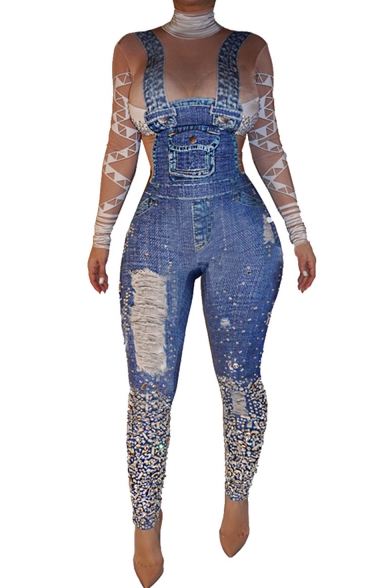 Womens Trendy Blue Straps Ripped Printed Skinny Fitted Overall Jumpsuits