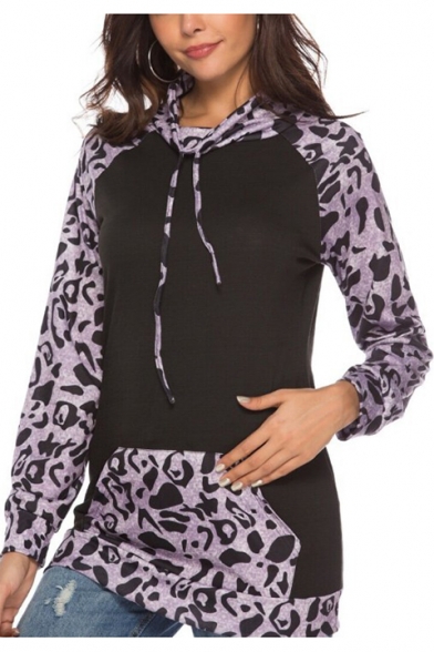 Womens Trendy Purple Leopard Print Slim Fitted Drawstring Hoodie