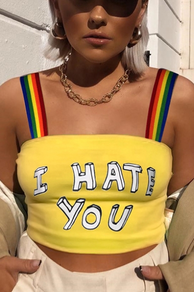 Womens Trendy Unique Rainbow Straps Letter I HATE YOU Print Yellow Slim Crop Cami Top