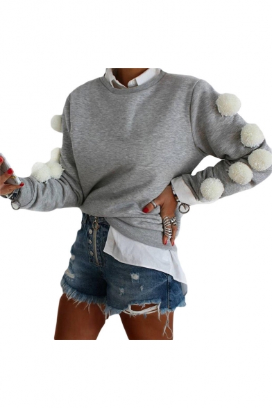 Womens Unique Cool Pompom Embellished Long Sleeve Grey Fitted Sweatshirt
