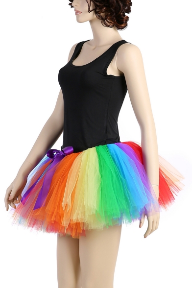 Womens Unique Rainbow Color Bow-Tied Waist Mini Tulle Tutu Skirt