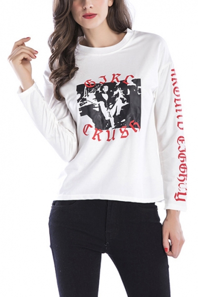 Womens Unique Stylish Letter Printed Round Neck Long Sleeve Pullover Sweatshirt