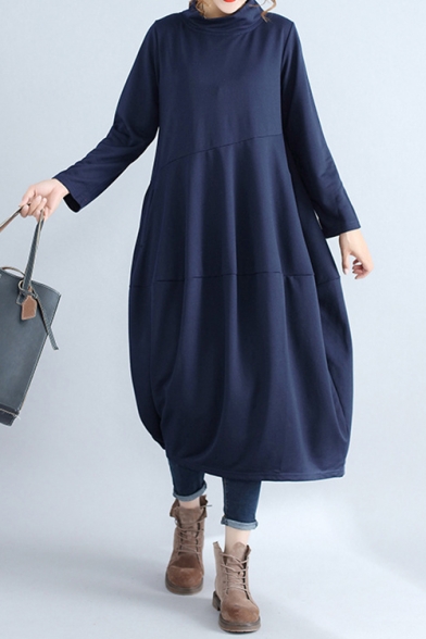Womens Vintage Simple Plain Cowl Neck Long Sleeve Maxi Linen Lantern Dress