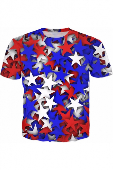 Abstract Blue Red White Star Printed Round Neck Short Sleeve T-Shirt