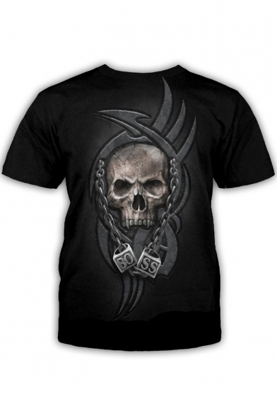 Cool Chain Skull 3D Printed Round Neck Short Sleeve Black T-Shirt