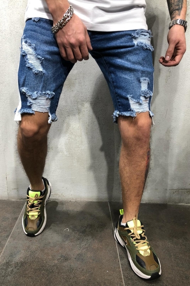 Cool Fashion Destroyed Ripped Detail Tape Side Slim Fit Light Blue Denim Shorts