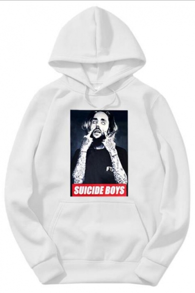 Cool Letter SUICIDE BOY Figure Printed Men's Long Sleeve Relaxed Pullover Hoodie
