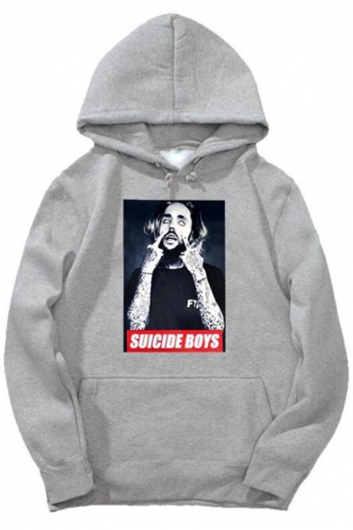 Cool Letter SUICIDE BOY Figure Printed Men's Long Sleeve Relaxed Pullover Hoodie