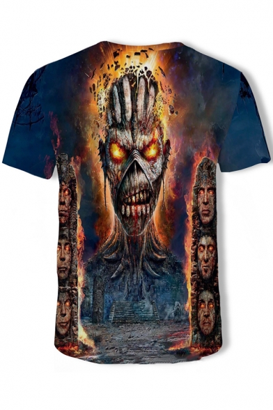 Creative Cool 3D Fire Skull Printed Round Neck Short Sleeve Blue T-Shirt
