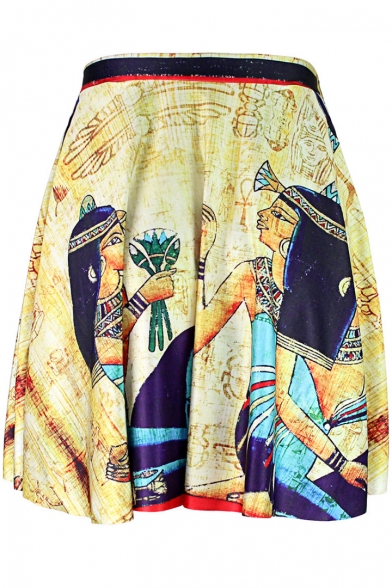 Egyptian Beautiful Queen Painting Fashion Yellow Mini A-Line Pleated Skater Skirt
