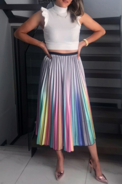 Fancy Rainbow Ombre Color Maxi A-Line Pleated Skirt for Women