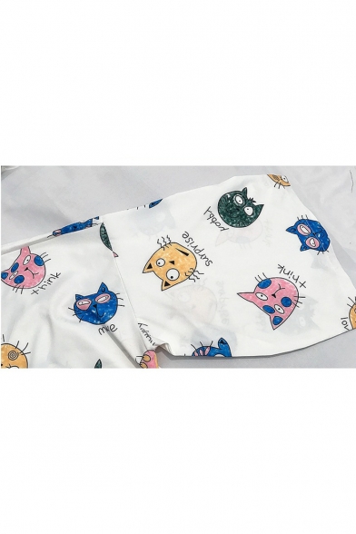 Fashion Allover Cartoon Cat Print Three-Quarter Sleeve Loose Fit Kimono Blouse