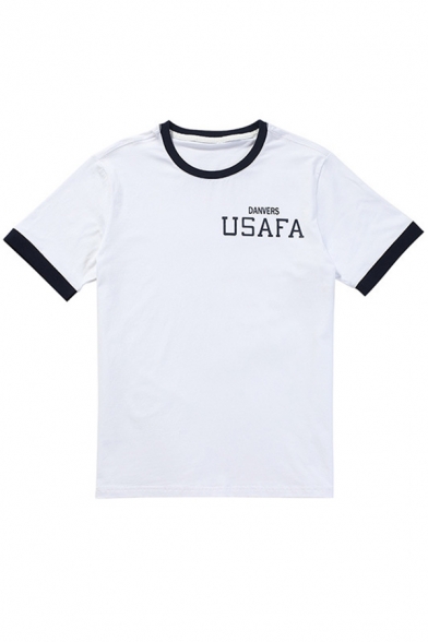 

Fashion Contrast Trim Letter USAFA Print Round Neck Short Sleeve Casual Tee, LC541016, Black;white