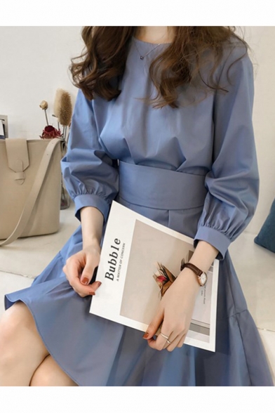 Fashion Half Sleeve Bow-Tie Plain Ruffle Hem Casual Mini A-Line Dress