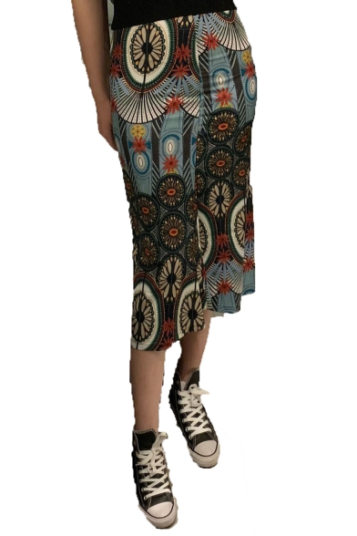 Fashion Tribal Print Zip Back Simple Loose Midi Flowy Skirt for Women