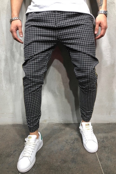 Fashion Plaid Pattern Contrast Knit Trim Striped Patched Pencil Pants