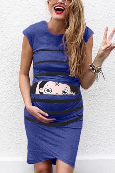 Fashion Pregnant Women Cartoon Print Round Neck Ruched Asymmetrical Dress