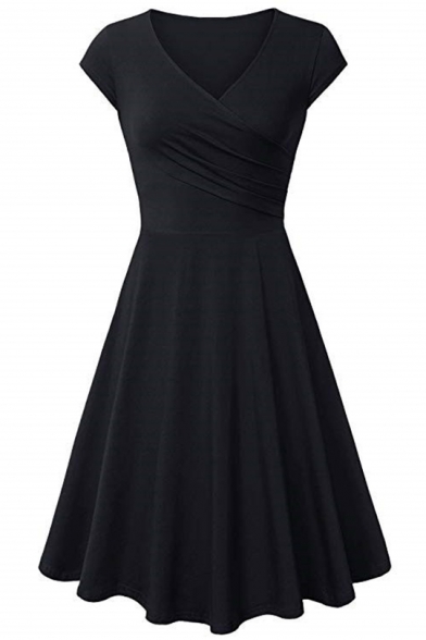 Fashion Simple Plain Surplice V-Neck Short Sleeve Midi A-Line Dress