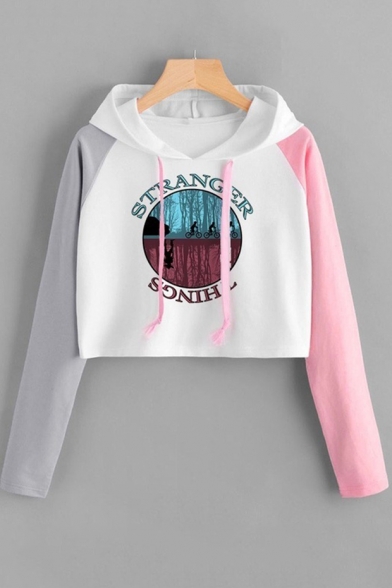 Fashion Color Block Long Sleeve Casual Cropped Drawstring Hoodie