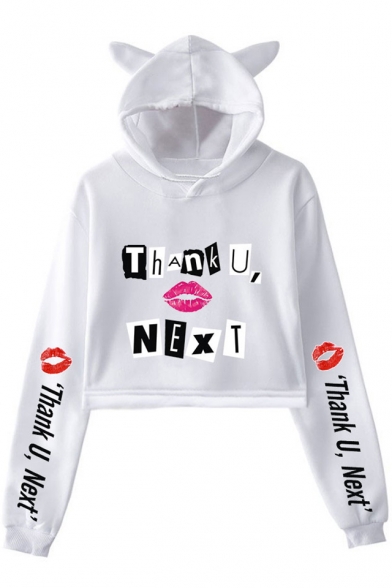 Fashion Unique Red Lip Letter THANK U NEXT Print Cat Ear Long Sleeve Cropped Hoodie