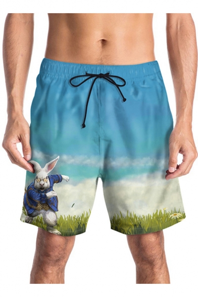 Funny 3D Cartoon Rabbit Pattern Casual Drawstring Waist Blue Beach Shorts  Swim Trunks for Guys 