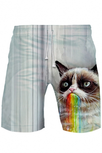 Funny 3D Cute Cat and Dog Pattern Drawstring Waist Loose Casual Sport Beach Shorts