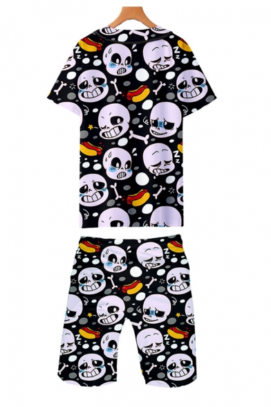 Funny Cartoon Skull Pattern Short Sleeve Baseball Shirt with Casual Loose Shorts Two-Piece Set