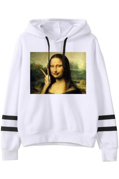 Funny Figure Mona Lisa Striped Long Sleeve Loose Fitted White Hoodie