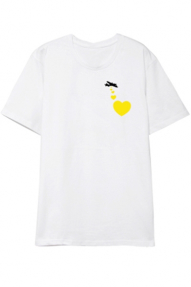 Funny Simple Heart Pattern Round Neck Short Sleeve Loose Fit Tee