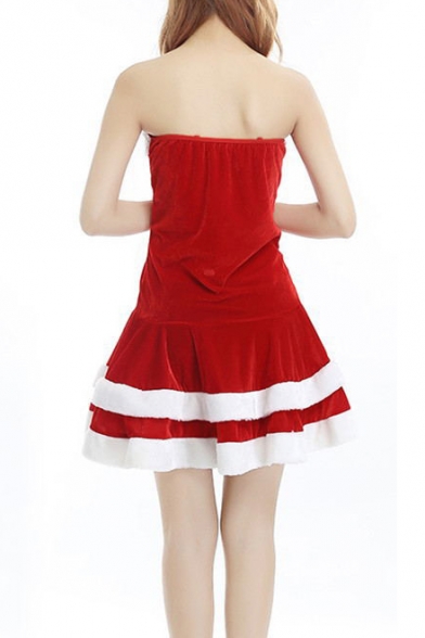 Girls New Fashion Christmas Cosplay Red Mini Bandeau Dress Performance Dress with Hat