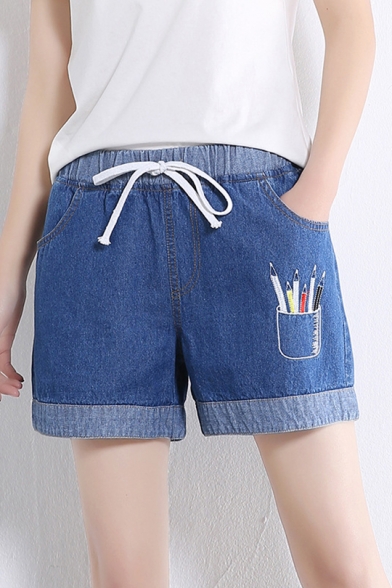 Girls Summer Simple Pencil Print Drawcord Waist Straight Fit Blue Denim Shorts