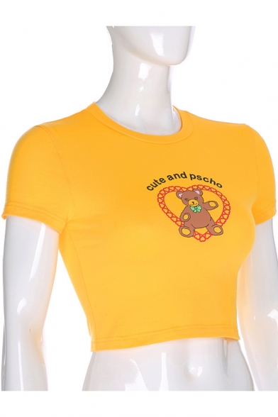Girls Yellow Cute Heart Teddy Bear Pattern Round Neck Short Sleeve Cropped Slim Tee