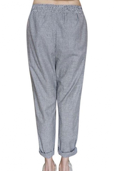 Grey Striped Printed Drawstring Waist Rolled Cuff Tapered Pants