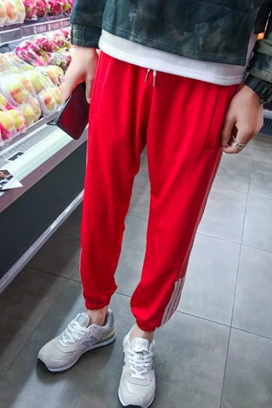 Guys New Stylish Contrast Stripe Side Drawstring Waist Elastic Cuffs Casual Relaxed Track Pants