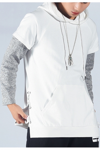 Guys New Trendy Simple Plain Short Sleeve Lace-Up Side Casual Loose Hoodie