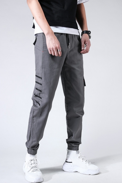 Guys Trendy Diagonal Stripes Printed Drawstring Waist Elastic Cuffs Casual Cotton Cargo Pants with Side Pocket