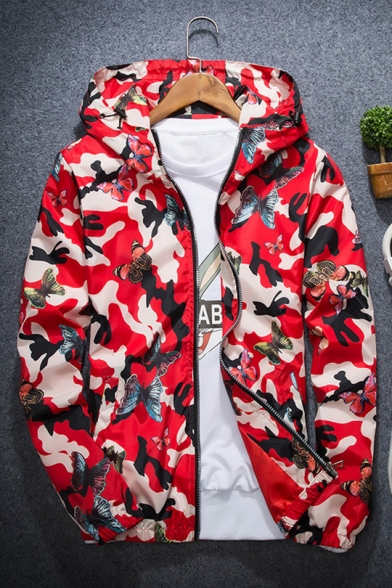 Guys Unique Camo Butterfly Printed Long Sleeve Outdoor Lightweight UV Protection Zip Up Hooded Jacket
