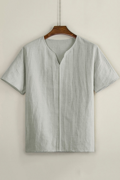 Guys Vintage Chinese Style V-Neck Short Sleeve Casual Loose Cotton Tee
