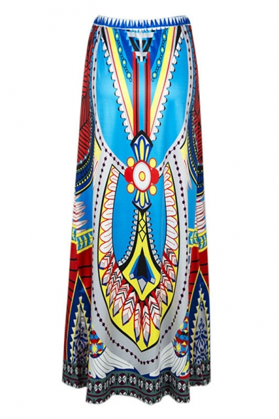 Holiday Fashion Tribal Pattern Drawstring Waist Maxi Flared Skirt