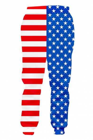Hot Fashion America Flag Printed Drawstring Waist Blue and Red Polyester Jogger Sweatpants