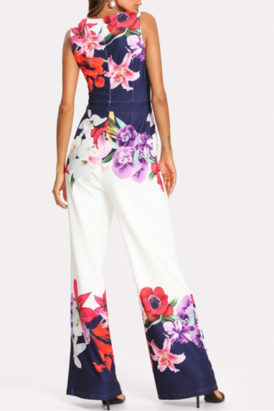 Hot Fashion Casual Loose Floral V-Neck Sleeveless Zip-Back Wide leg Leisure Jumpsuits
