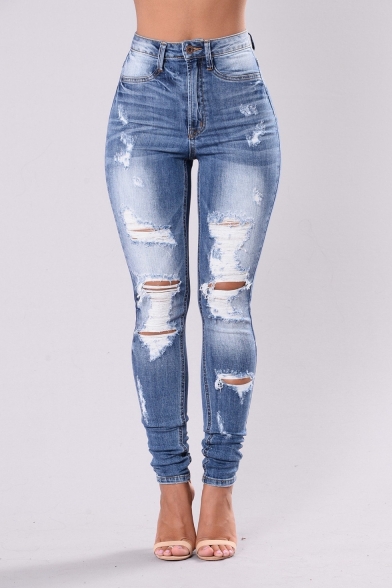 Hot Popular Blue Bleached Distressed Ripped Slim Fit Jeans for Women