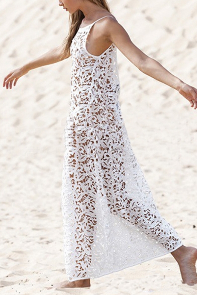 Hot Popular Sexy Hollow Out Crochet Sleeveless Maxi White Beach Bikini Cover Up Dress