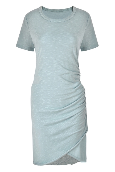 Hot Popular Simple Solid Color Round Neck Short Sleeve Mini Sheath T-Shirt Dress