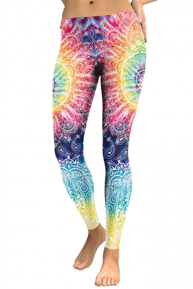 Hot Stylish Chic Elastic Waist Rainbow Color Datura Floral Printed Slim Fit Legging Pants