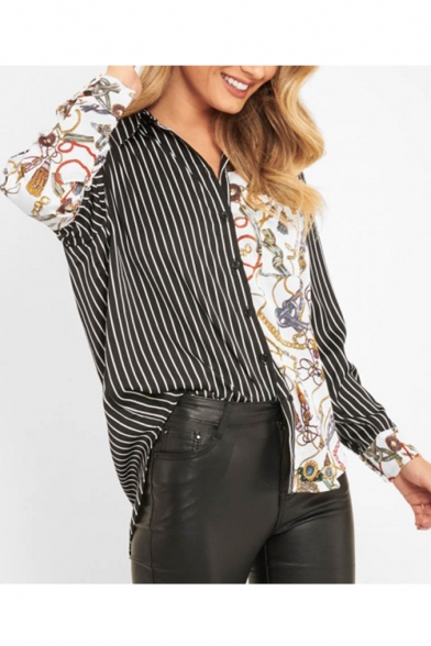 Hot Stylish Striped Chain Printed Long Sleeve Button Front V Neck Loose Shirts