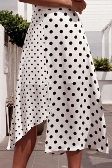 Hot Stylish White Polka Dot Split Tie Waist Asymmetric Hem Midi A-Line Skirt
