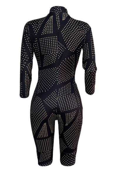 Hot Stylish Womens Black Polka Dot Zip-Front Long Sleeve Skinny Fit Rompers