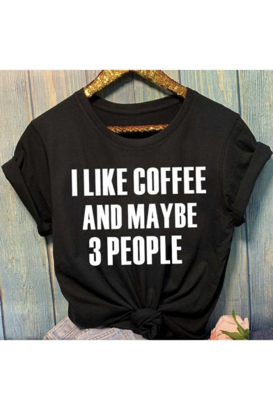 Hot Trendy Letter I LIKE COFFEE Printed Round Neck Short Sleeve Loose Casual Tee