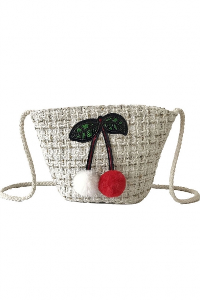 Lovely Cherry Pattern Colored Plush Ball Sequin Embellishment Hairy Crossbody Bucket Bag 14*15*8 CM